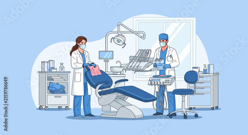 Dental professionals preparing a clinic for patient care, showcasing teamwork and sterile environment