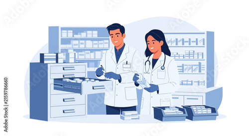 Pharmacists collaborating in a modern pharmacy, organizing and dispensing medications efficiently.