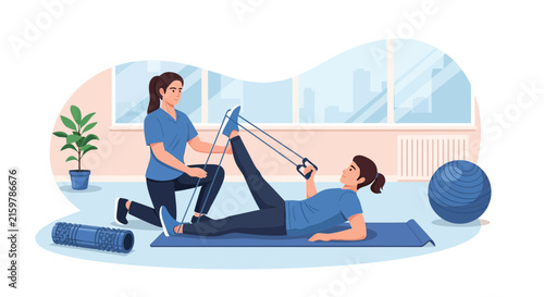 Physical therapist assists patient with leg resistance band exercise in rehabilitation setting