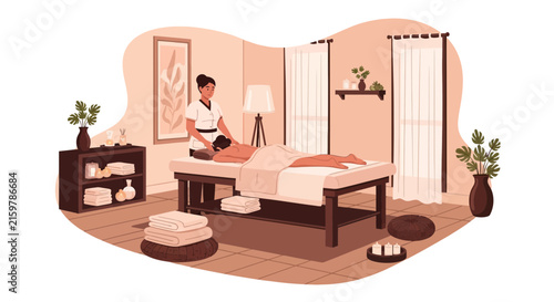Skilled massage therapist provides a relaxing treatment to a client on a spa table in a serene wellness room