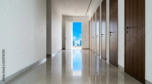 Modern Hallway with Open Door Leading to City View