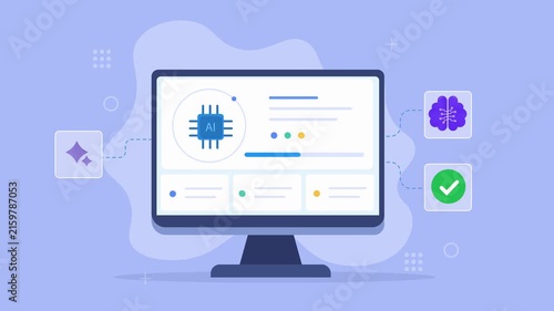 Modern flat vector animation of a desktop monitor displaying an AI dashboard with a digital chip, brain, sparkle, and confirmation icons for artificial intelligence concepts.