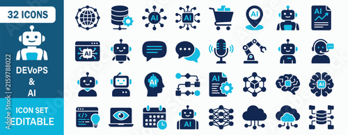 DevOps and AI icon set representing automation, machine learning, artificial intelligence, robotics, and technology development processes