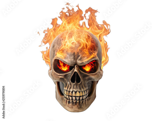 Scary human skull with flames on head and glowing red eyes transparent background