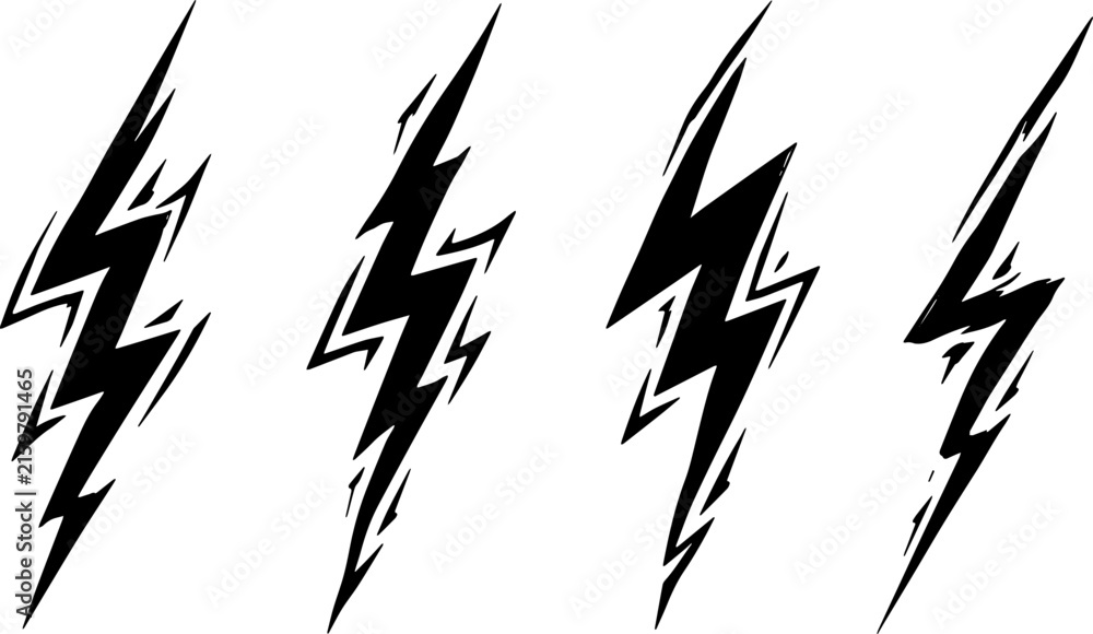 Obraz premium Dynamic Lightning Bolt Collection, Black and White Thunderbolt Vector Graphics, Sharp Electric Energy Symbols with Geometric and Hand Drawn Shapes for Logo, Tattoo, Poster, Sticker and Modern Design