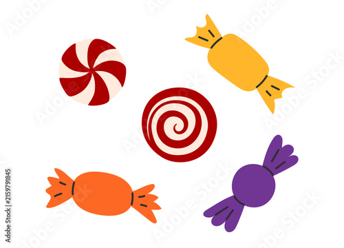 Set of five colorful wrapped halloween candies and peppermint swirls on white background. Flat vector illustration