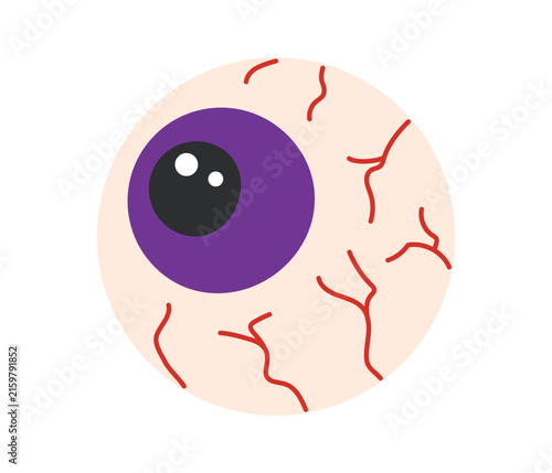 Bloodshot halloween eyeball with purple iris and black pupil on white background. Flat vector illustration