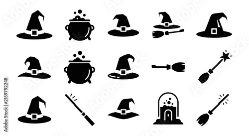 Fotografie Halloween witch icon set, black silhouette magic elements, 15 vector icons of ha