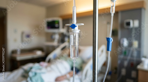 Hospital patient room with medical equipment and IV drip.