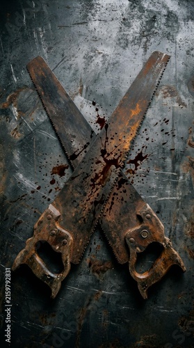 saw, tool, rust, blood, horror, metal, dark with crossed blades and eerie mood for halloween background and spooky design