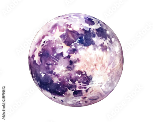 Watercolor illustration of purple planet with stars and clouds in space scene