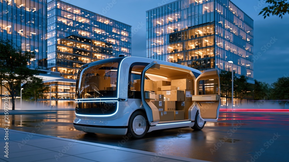 Obraz premium Autonomous electric delivery van parked at night in a business district with side door open, stacked cardboard packages visible inside the cargo area, copy space for text