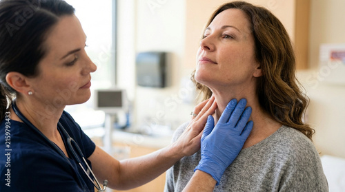 Doctor examines patient's thyroid gland in medical examination