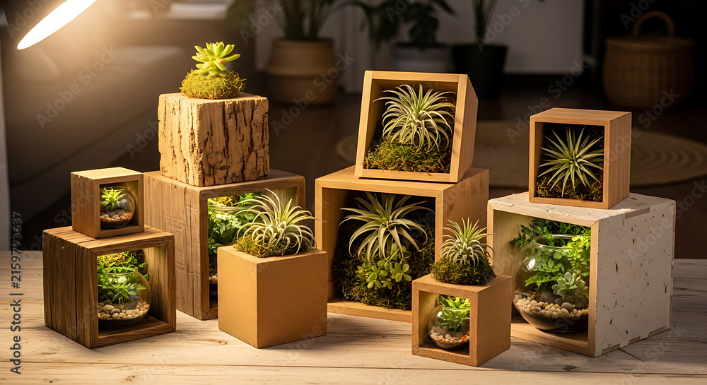 Fototapeta premium Mini christmas trees in rustic boxes display