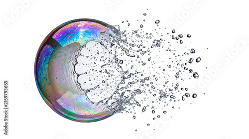 Iridescent soap bubble bursting with water splash, colorful liquid sphere exploding into droplets, macro physics of surface tension isolated PNG with Transparent Background