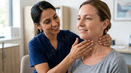 Doctor examines patient's thyroid gland, healthcare, medical checkup, diagnosis, care