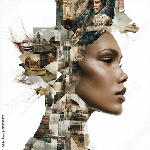 Artistic portrait of a woman with a collage of memories and landscapes in her silhouette