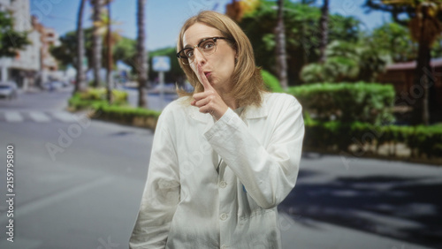 Foto Woman doctor in white lab coat, glasses, index finger to lips for silence on a sunny street lined with palm trees; quiet secrecy