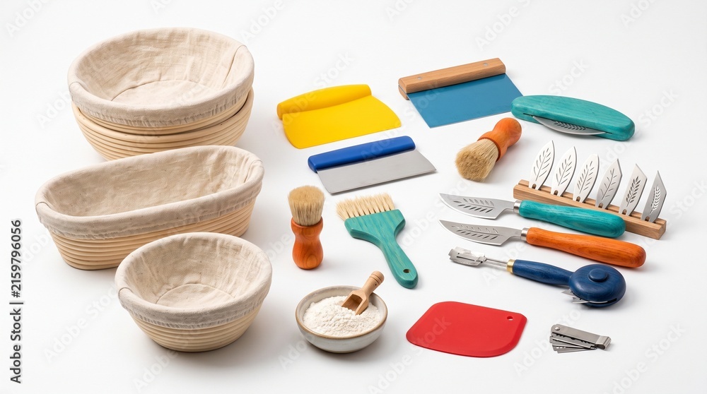 Fototapeta premium Artisan bread baking tools and sourdough proofing baskets set on white background