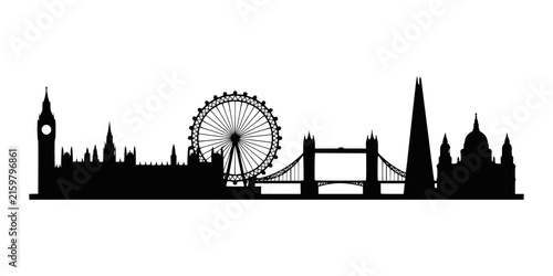 Black silhouette of london city skyline with famous landmarks isolated on white