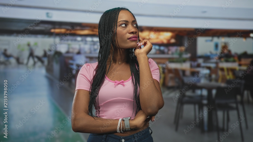 Fototapeta premium Black woman with hand on forehead and closed eyes, arms crossed in airport food court wearing pink shirt; travel delay frustration.