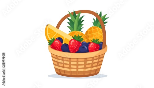 Colorful fruit basket with green leaves and berries.