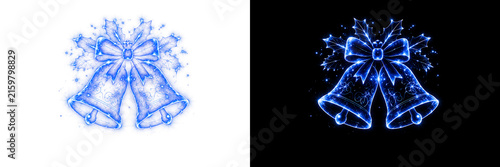 Foto 青い発光のクリスマスベルとリボンの装飾イラスト、雪の結晶ときらめく光粒が広がる対称デザイン、透明背景のPNG素材、冬の祝祭感があるネオン調の鐘モチーフ、繊細な輝きと青色の光線が印象的な幻想的デコレーション