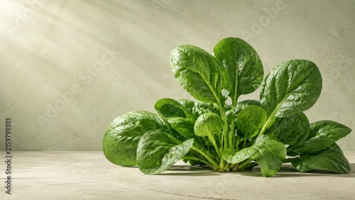 Fresh Spinach Plant Cluster with Large Green Leaves on a Minimal Neutral Surface