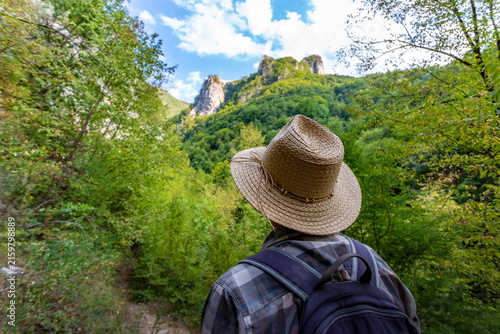 Back View of Male Hiker in Hat with Backpack Standing on Mountain Trail and Enjoying Scenic View