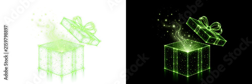 Foto 透明背景のPNG、発光するギフトボックスと開いた蓋から立ちのぼる光と粒子、ネオン緑のプレゼント箱の左右比較イラスト、きらめく魔法の輝きと煙が漂う幻想的な贈り物、リボン付き箱の装飾デザイン素材