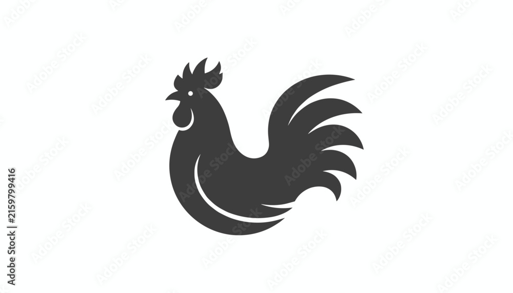 Fototapeta premium Minimalist silhouette of proud rooster standing on white background, representing morning, dawn, and farm life.