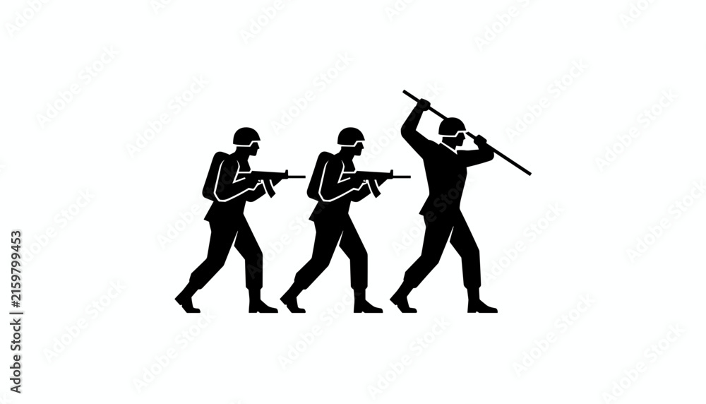 Naklejka premium Black silhouette illustration of three military soldiers in helmets marching forward with weapons on white background.