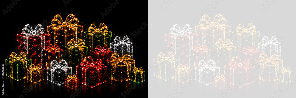 Fototapeta premium 透明背景のPNGで使いやすいイルミネーションのギフトボックス群、発光するプレゼントの線画装飾が横並びに並ぶ、赤と金と白と緑の光るリボン付き箱の華やかなデコレーション素材、きらめく祝祭感のある贈り物モチーフ.