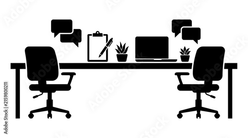Minimalist office desk with chairs and communication bubbles.