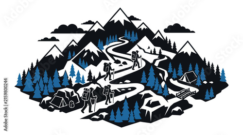 Mountain trail with hikers and camping tents.