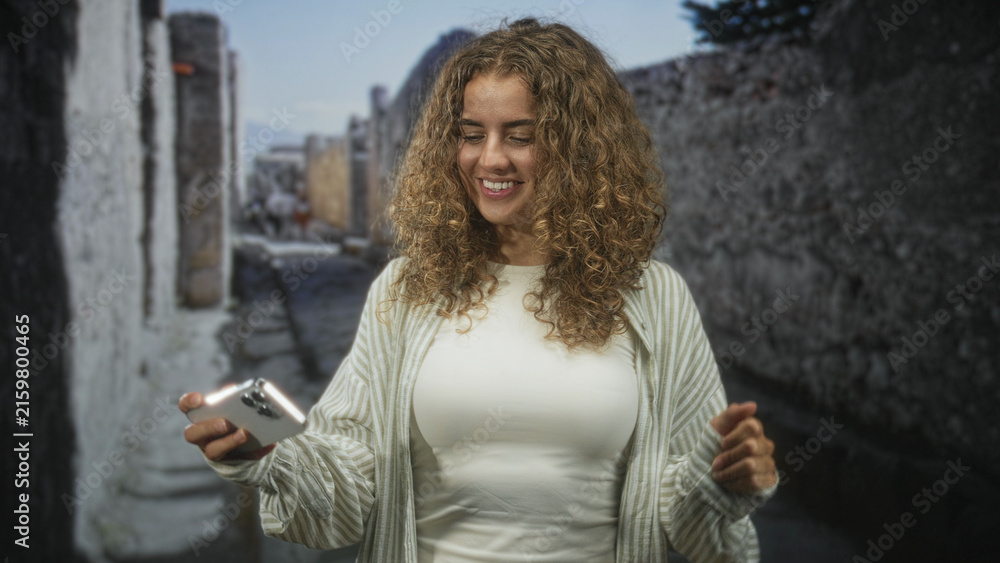 Obraz premium Woman holding smartphone, hands visible, looking down while texting on a narrow street with stone walls and pavement; engagement curiosity.