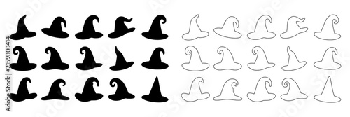 Obraz na płótnie Assorted witch hat silhouettes and line art outlines for creative halloween crafts isolated on transparent background