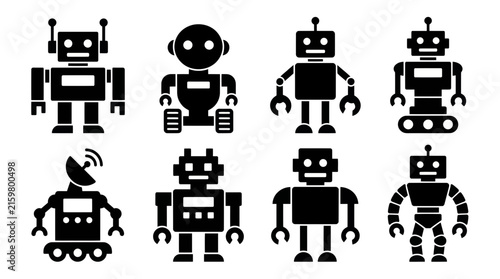 Canvastavla Various black robot and droid character icons set.