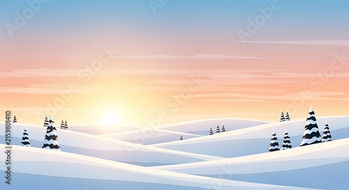 Sunrise over serene snowy mountain landscape with skiers.