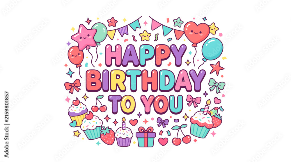 Obraz premium Happy birthday vector lettering design featuring colorful festive elements like decorative balloons cute cupcakes sparkling confetti and gift boxes arranged in a whimsical and charming composition