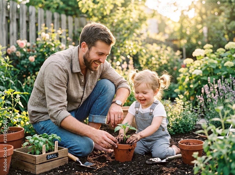 Fototapeta premium Happy Father and Young Daughter Planting Seedlings in Backyard, Sunny Morning Family Garden Lifestyle Photography, Cute Toddler Candid