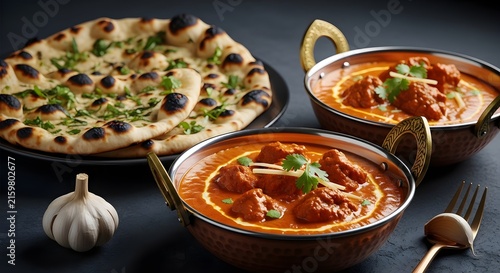 Delicious Indian Cuisine Featuring Butter Chicken and Naan Bread.
