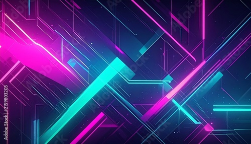 Abstract composition featuring random geometric shapes, vibrant neon lines, and dynamic futuristic elements creating a glowing motion effect, ideal for modern technology, digital design, presentations