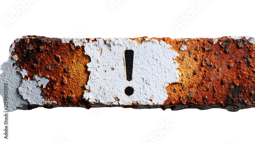 Weathered rusted metal surface with distressed texture and bold warning exclamation mark overlay, industrial concept for safety and durability