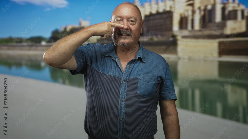 Fototapeta premium Senior hispanic man pointing finger to nose, wearing denim shirt, standing by a riverside building and waterway in daylight; amusement.