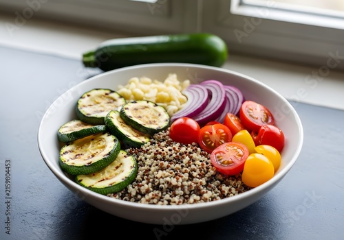 Healthy Quinoa Bowl with Grilled Zucchini and Fresh Vegetables.