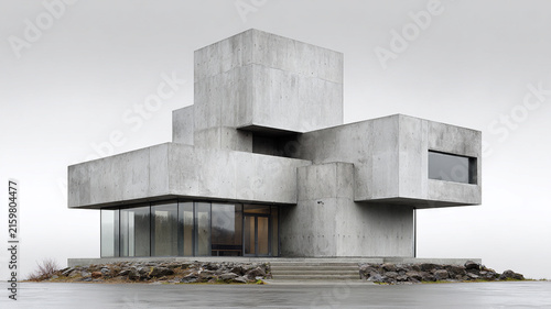 Concrete architecture brutalism abstract minimal gray building with glass window stone landscape overcast sky modern geometric form
