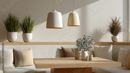 Cozy coffee corner, minimalist indoor, lifestyle, plant, sofa, pendant lamp, beige calm living room with wood table and soft sunlight
