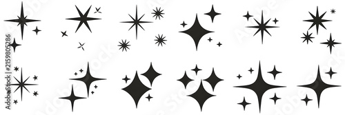 Black starburst icon set, shiny sparkles and sparkling stars isolated on white background. Twelve glittery decorative symbols, magical collection for graphic design