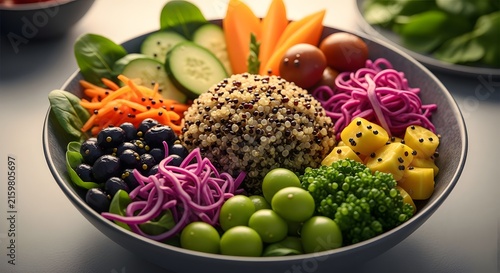 Vibrant Quinoa Buddha Bowl Packed with Fresh Vegetables and Fruits.
